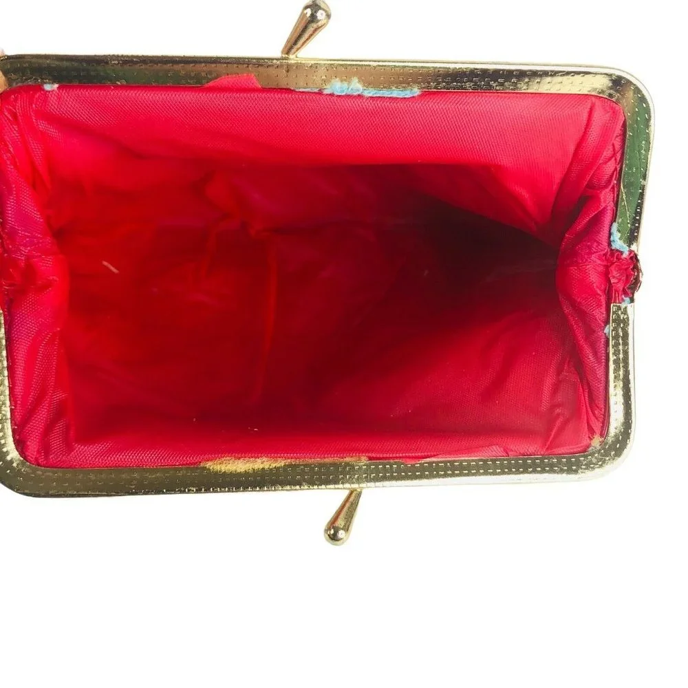VTG Womens Clutch Purse Beaded Made Hong Kong Kiss Lock Closure Blue Green Small